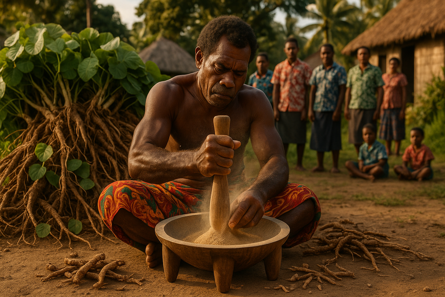 A traditional Fijian man grinding dried kava roots into fine powder in a wooden tanoa bowl, with villagers watching in the background