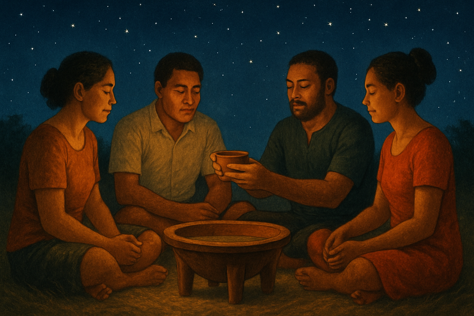 A peaceful nighttime kava ceremony scene with people sitting in a circle under the stars, sharing a traditional wooden bowl in a warm, connected atmosphere