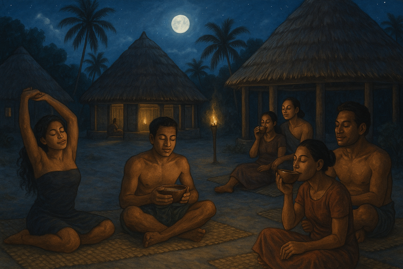 A traditional Pacific Island village scene at night with people relaxing with cold kava before sleep, showing the authentic cultural setting where kava helps with evening relaxation and preparation for rest