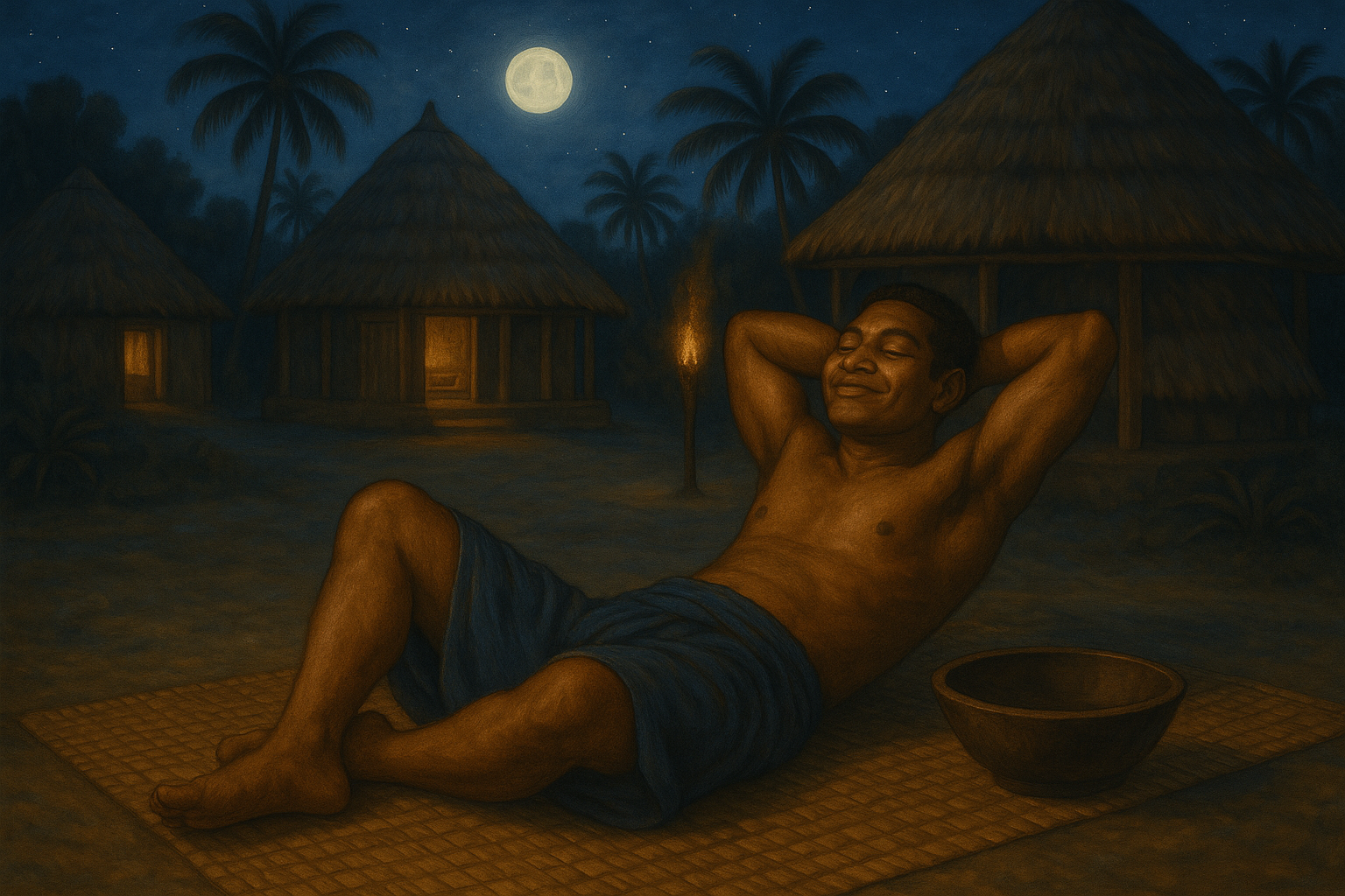 A traditional Pacific Island village scene in rich, painterly art style showing a Pacific Islander person in complete relaxation after drinking kava, with warm golden tones and atmospheric lighting similar to traditional cultural artwork