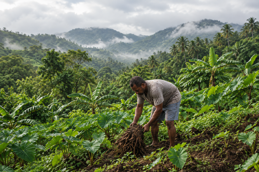 Farmer working in a lush Fijian highland field