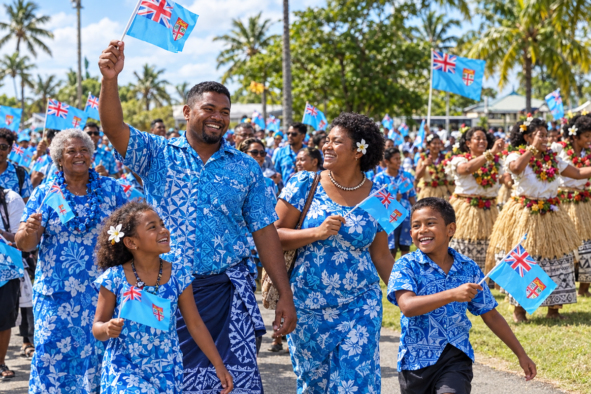 Families in Fijian blue shirts and dresses walking together, waving Fiji flags